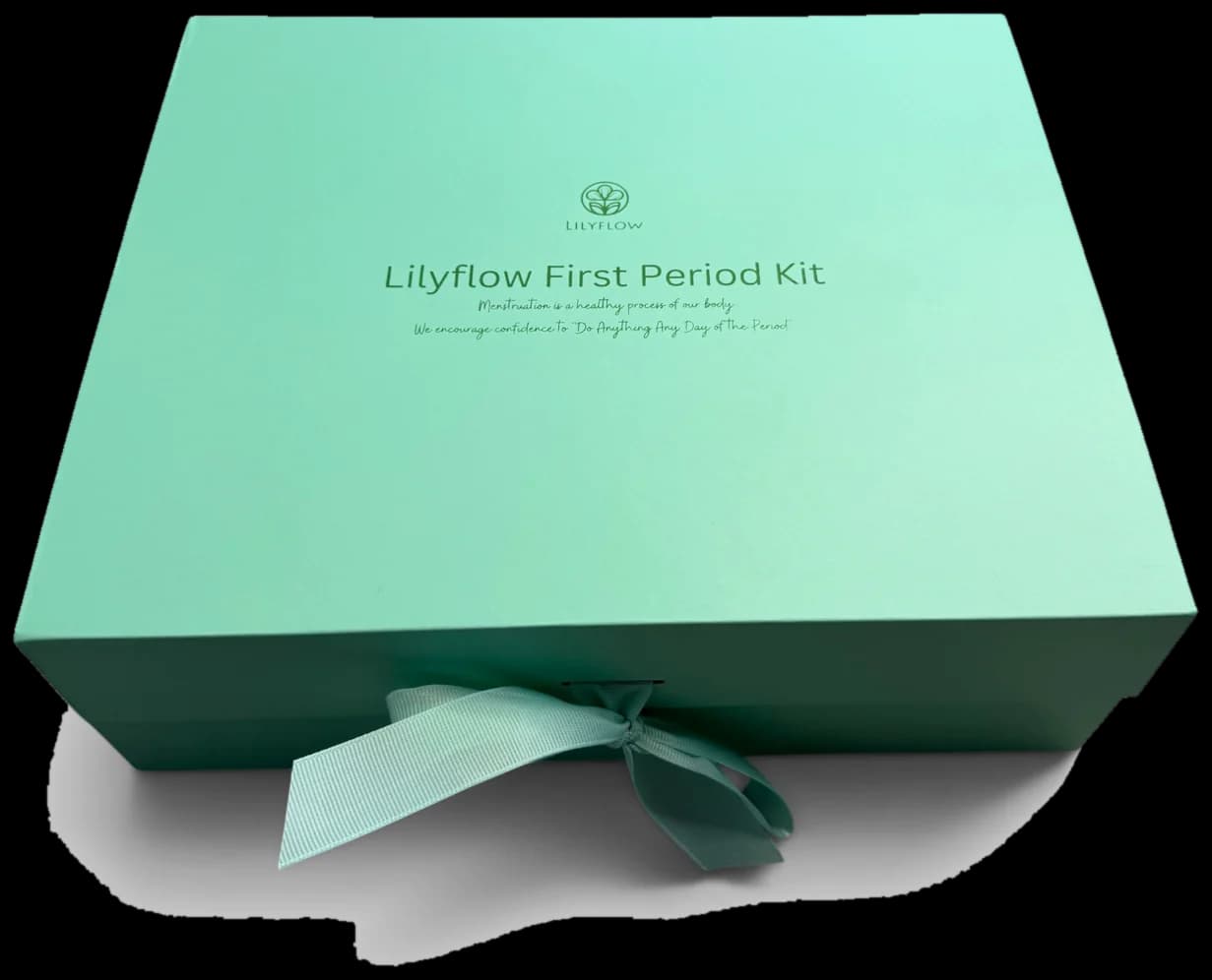 The Lilyflow First Period Kit, a green keepsake box tied with a ribbon