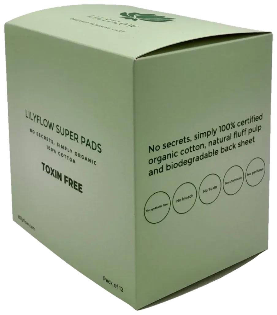 The back of a Lilyflow pad box, listing what is inside
