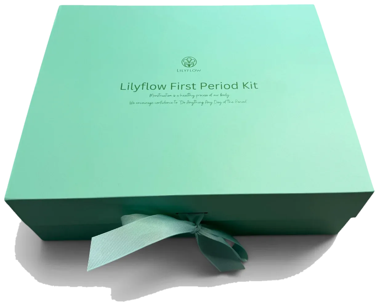 The Lilyflow First Period Kit keepsake box, tied with a ribbon